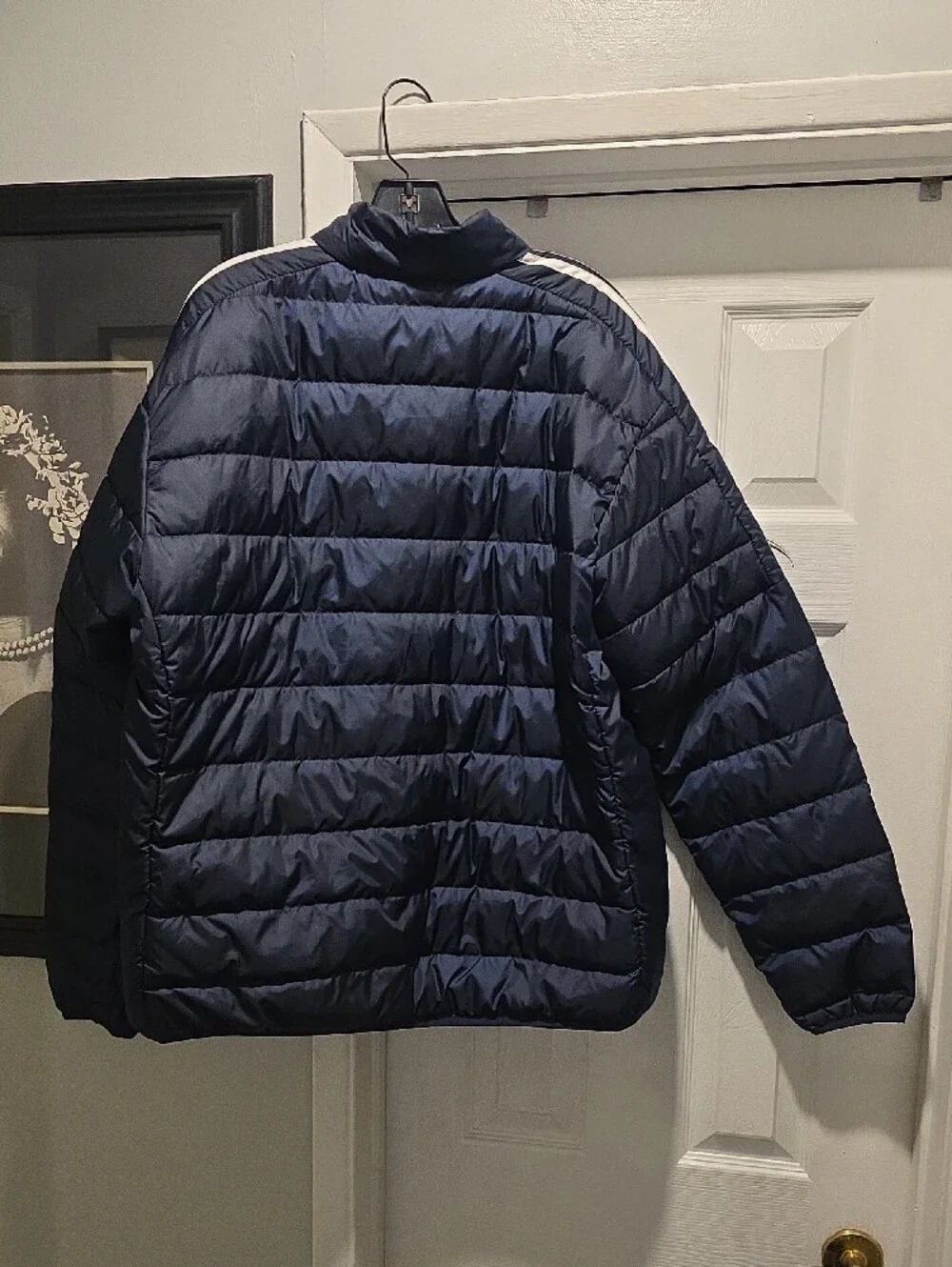 adidas Navy Puffer Jacket with White Shoulder Stripes